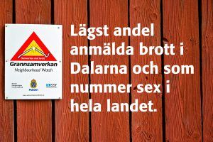 Grannsamverkansskylt på röd hus vägg med texten Lägst andel anmälda brott i Dalarna och som nummer sex i hela landet.