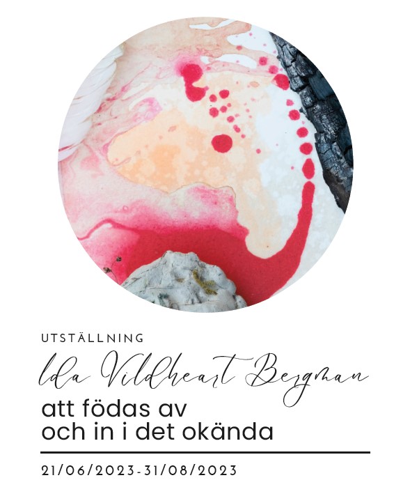 Abstrakt bild med texten Utställning Ida Vildheart Bergman. Att födas av och in i det okända