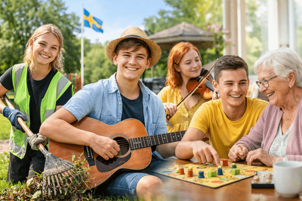 Ungdomar i feriepraktik – parkarbete, musik och social aktivitet med äldre